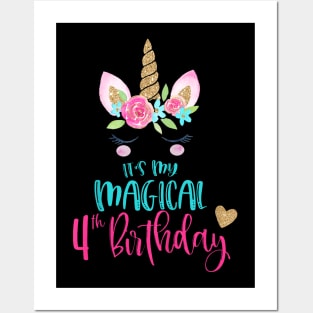 Kids Unicorn 4Th Birthday Party Girls 4 Years Old Posters and Art